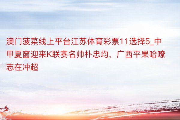 澳门菠菜线上平台江苏体育彩票11选择5_中甲夏窗迎来K联赛名帅朴忠均，广西平果哈嘹志在冲超